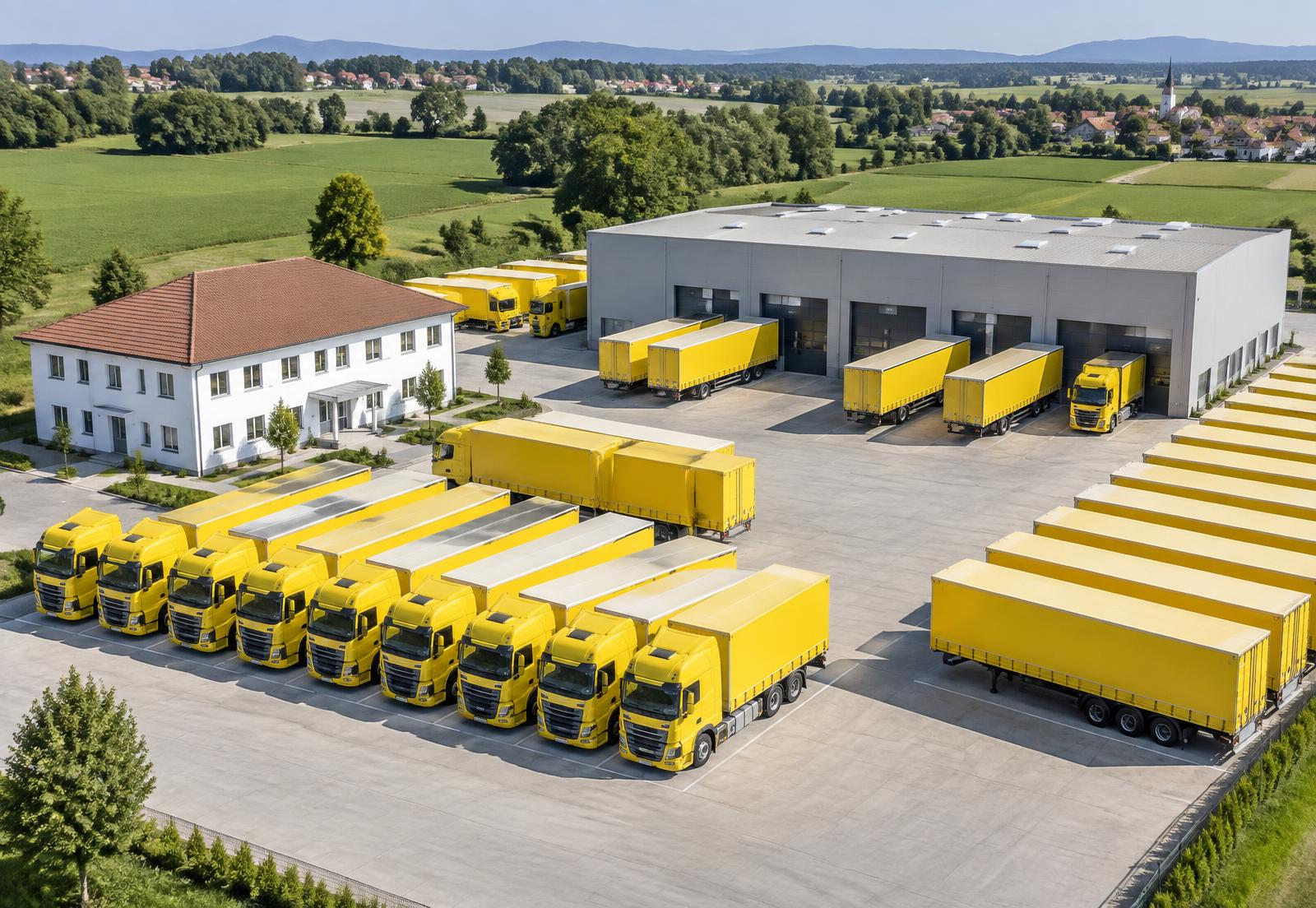 Luftaufnahme des Betriebsgeländes mit Fuhrpark und Logistikhalle